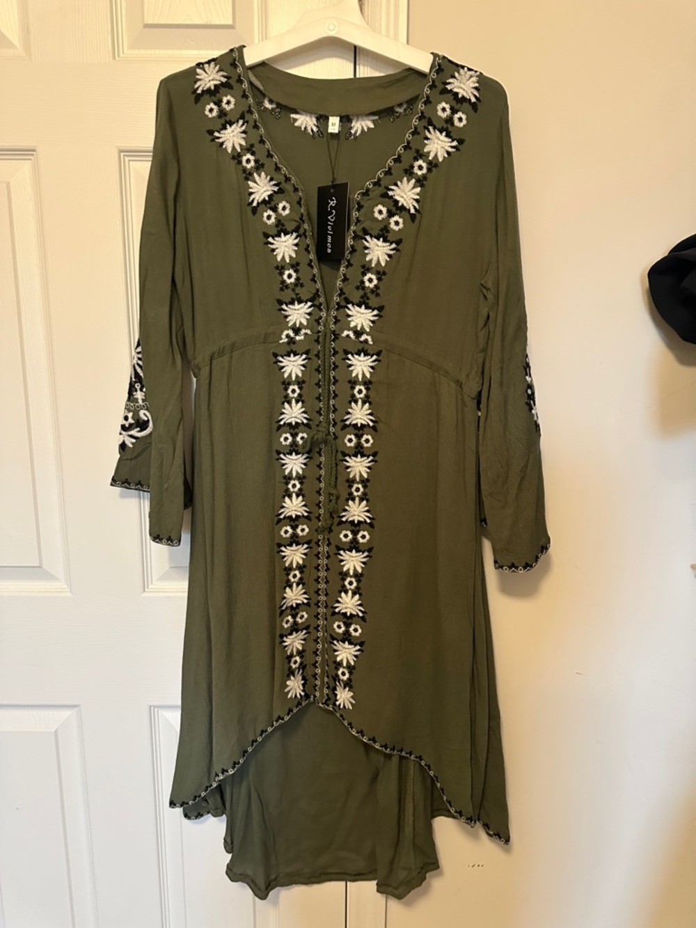 Olive Green Embroidered Long Sleeve Boho Tunic Dress